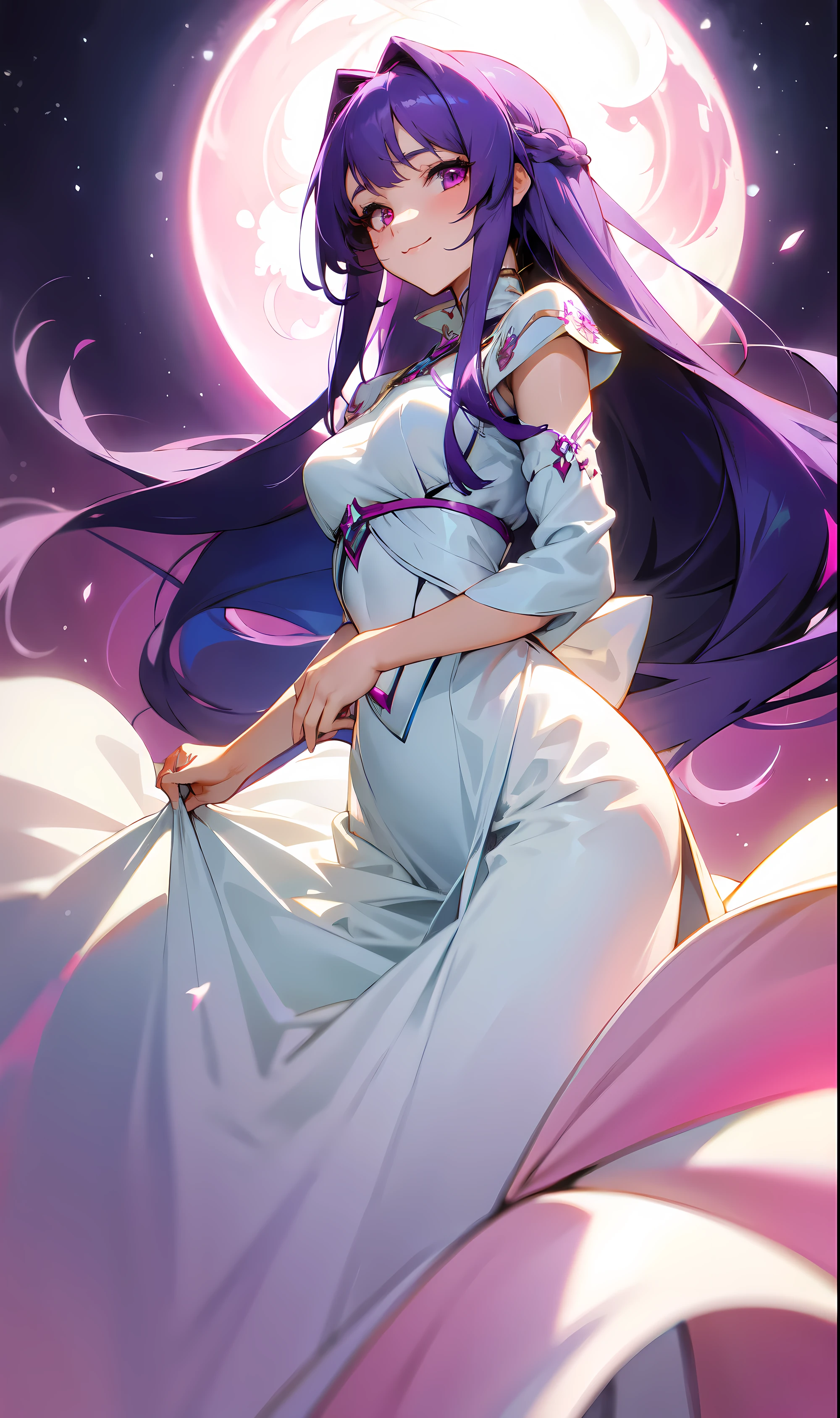 Girl with long dark purple hair while it is tied up she wears a white goddess outfit as she walks with a light smile on her face and pink eyes, estilo anime