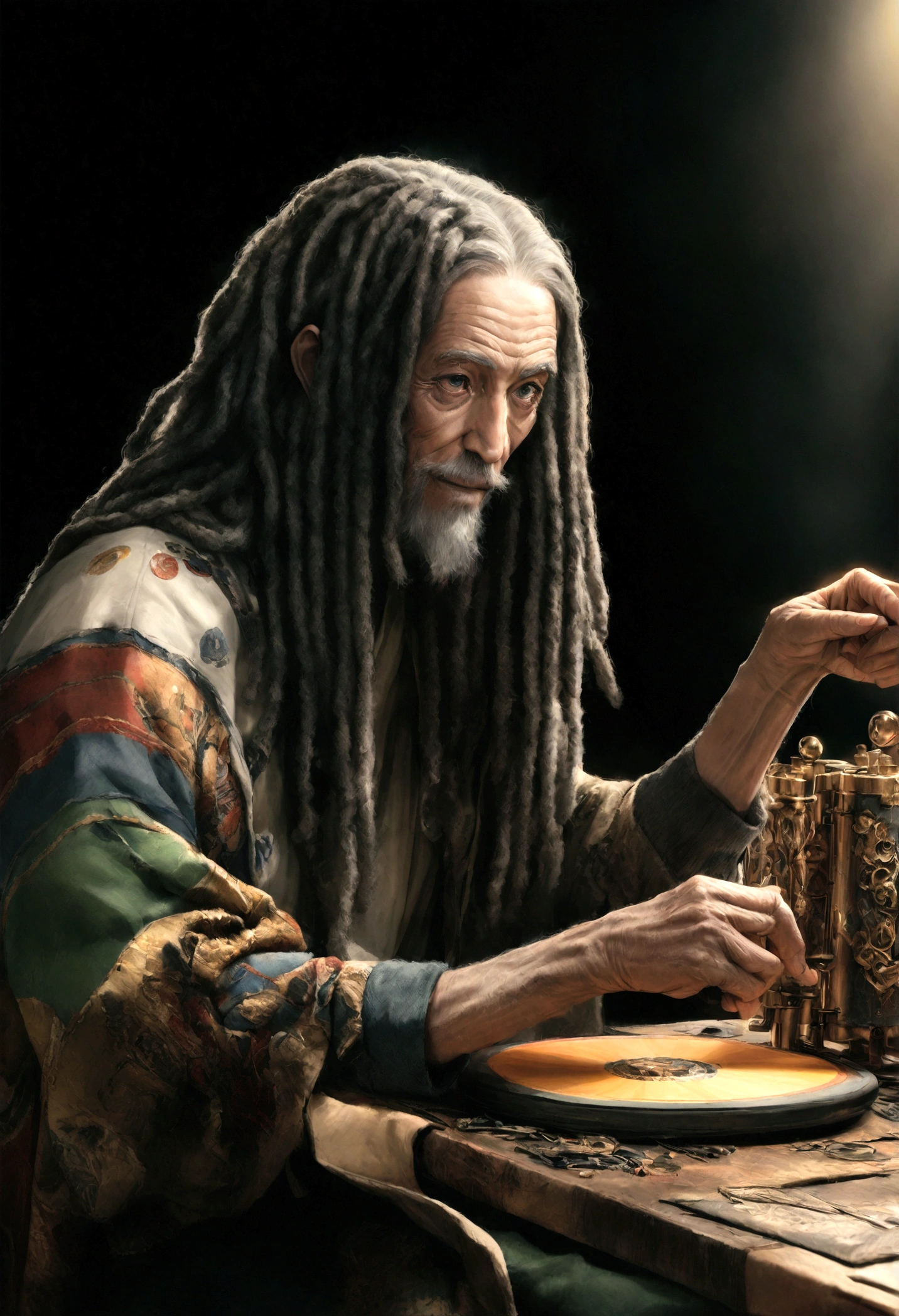 The Rastafari Old Man、With white dreadlocks and gold Rastafari jewelry、He plays very elaborate bongos decorated with Rastafari symbols.。, photo shoot, Soft Lighting, Soft details, Octane Number, Art Station Trends, Ultra high definition, Ultra-realistic, Cinematic, 16k, Images over 300 dpi, Black background, Lighting that highlights people in the background