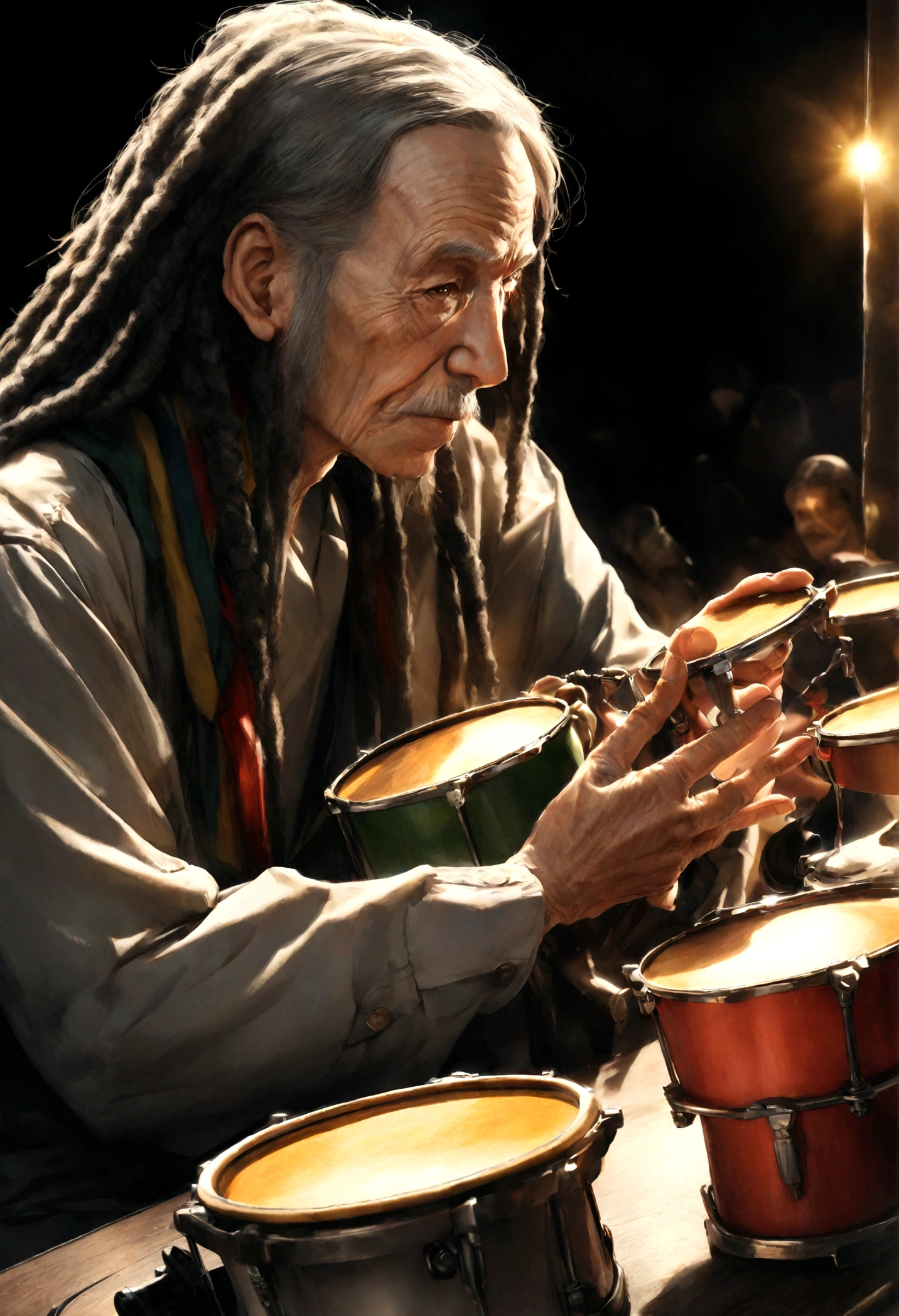 The Rastafari Old Man、With white dreadlocks and gold Rastafari jewelry、He plays very elaborate bongos decorated with Rastafari symbols.。, photo shoot, Soft Lighting, Soft details, Octane Number, Art Station Trends, Ultra high definition, Ultra-realistic, Cinematic, 16k, Images over 300 dpi, Black background, Lighting that highlights people in the background