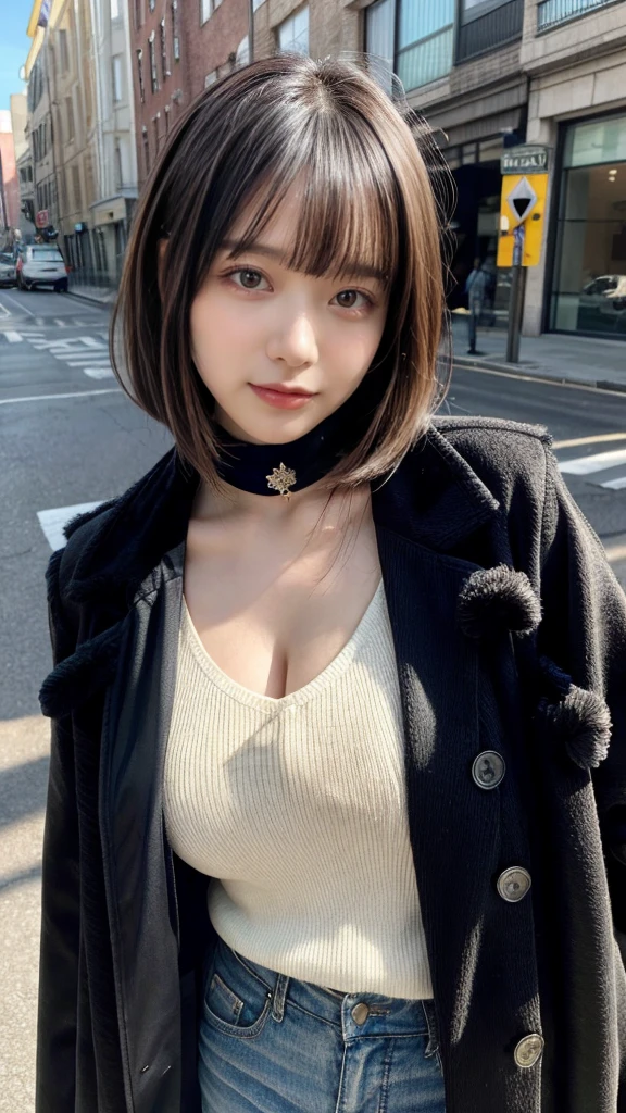 With bangs,Beautiful black hair,Woman with straight medium bob cut,,,21-year-old female,(((No hat))),Aspacarina,((Shy expression)),huge breasts,,Very beautiful eyes, ,(((Wearing a tattered black coat))),(white sweater,choker),(make:1.4),Big eyes,Hip Hop Dancer,Gangster style long pants,8k,High resolution,Gangster style,(head shot:1.5)