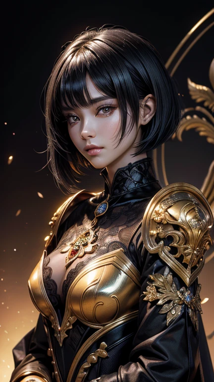 8k, 最high quality, (Highly detailed head: 1.0), (Highly detailed face: 1.0), (Very fine hair: 1.0), Highly detailed official artwork, Anime Moe Art Style, Beautiful and detailed anime art, Sleek Long Hair、Model shooting style, (Highly detailed CG Unity 8k wallpaper), Full body photos of the most beautiful works of art in the world, complicated, High detail, Sharp focus, dramatic, Ultra HD, god秘的な画像, god々The Advent of, Beautiful adult woman, (((((金色に輝くgod秘的な狼の鎧))))), god秘の場所, (((((Shiny black short hair style))))), A beautiful woman, Perfect promotion, high quality, Clothing without revealing, Beautiful face, Well-formed face, Beautiful Face, Model-like features, Fantasy Style, Garo style, god秘的な背景