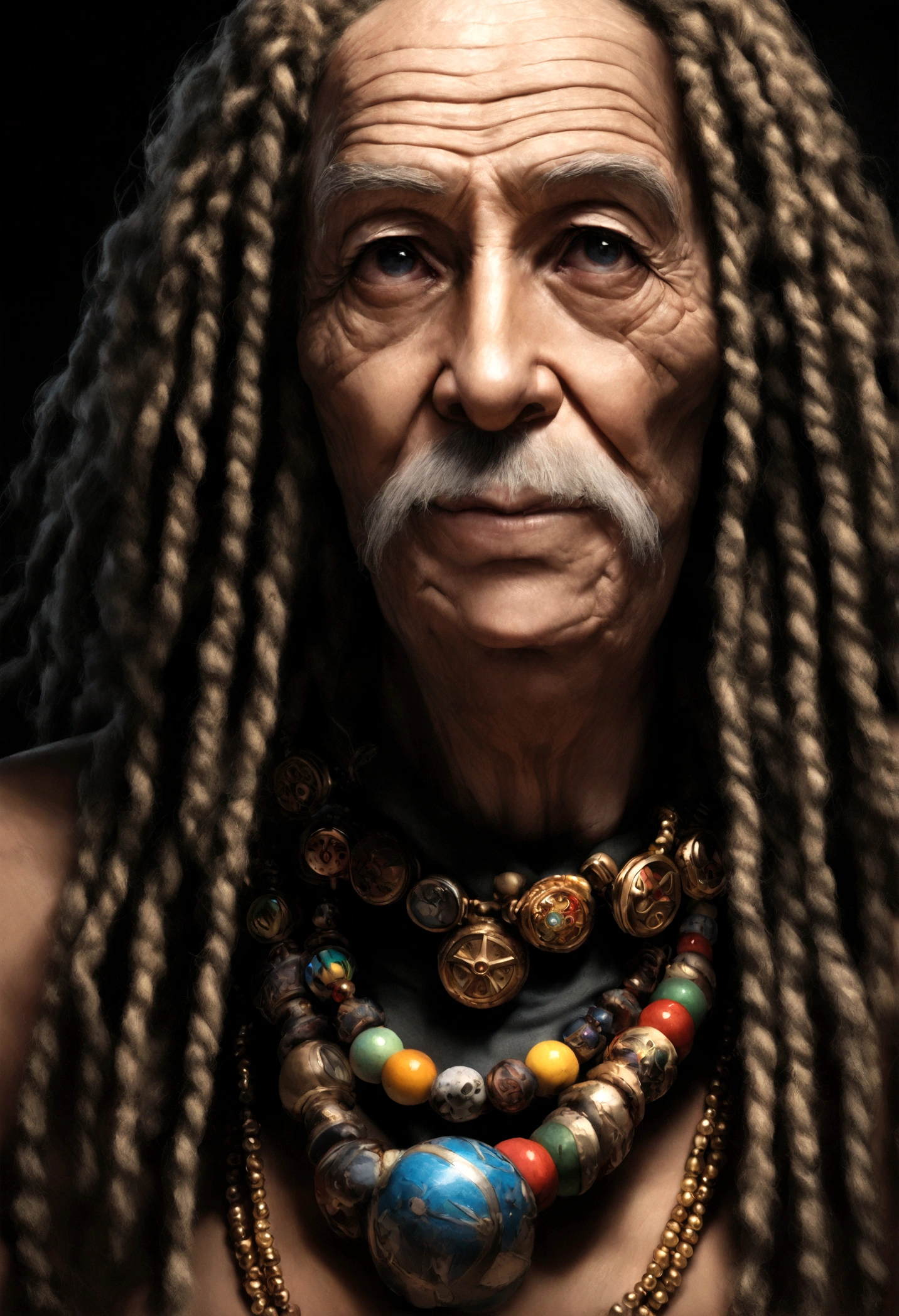 Face close-up,A sophisticated face,The Rastafari Old Man、With white dreadlocks and gold Rastafari jewelry、He plays very elaborate bongos decorated with Rastafari symbols.。, photo shoot, Soft Lighting, Soft details, Octane Number, Art Station Trends, Ultra high definition, Ultra-realistic, Cinematic, 16k, Images over 300 dpi, Black background, Lighting that highlights people in the background