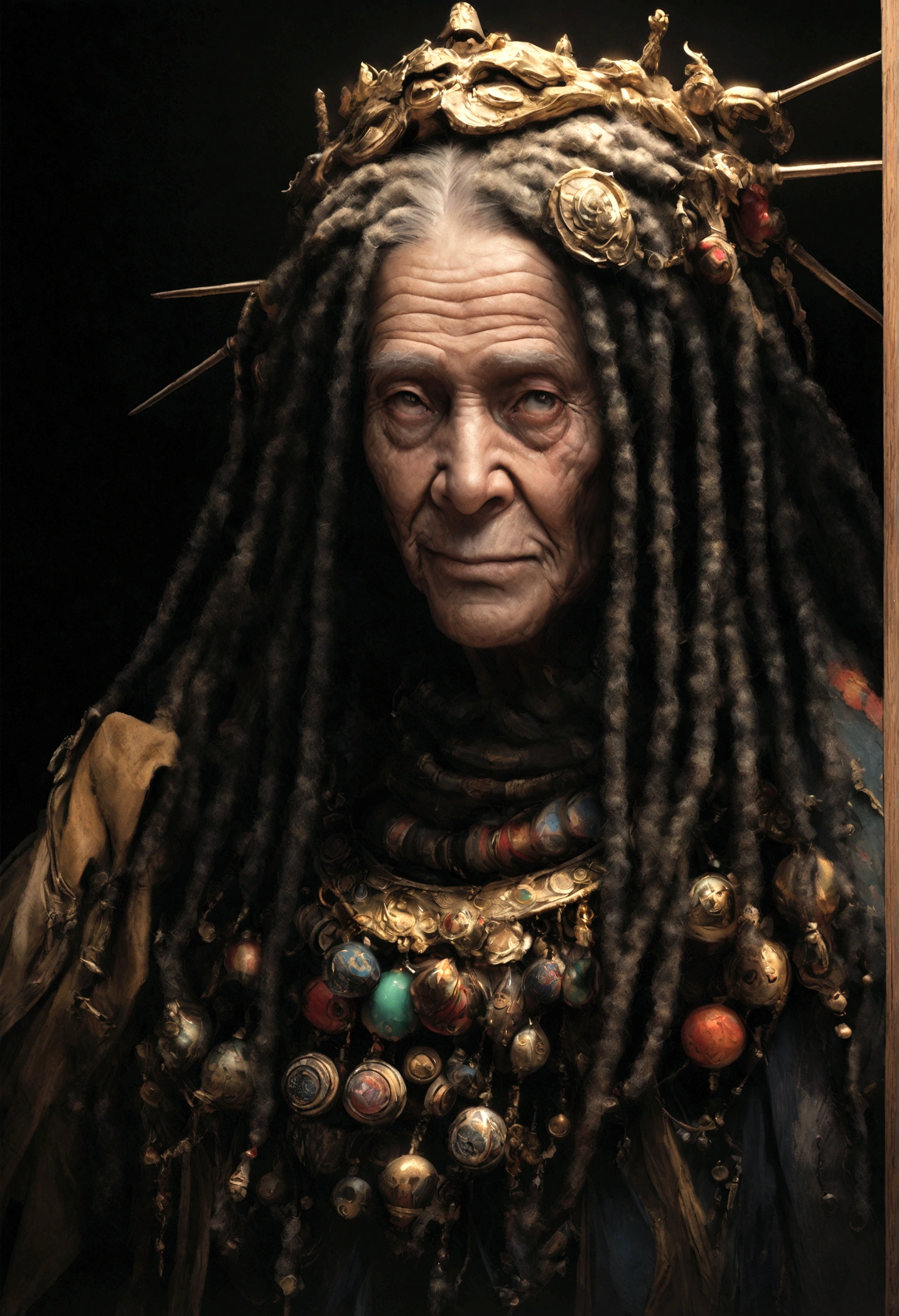 Face close-up,A sophisticated face,The Rastafari Old Man、With white dreadlocks and gold Rastafari jewelry、He plays very elaborate bongos decorated with Rastafari symbols.。, photo shoot, Soft Lighting, Soft details, Octane Number, Art Station Trends, Ultra high definition, Ultra-realistic, Cinematic, 16k, Images over 300 dpi, Black background, Lighting that highlights people in the background