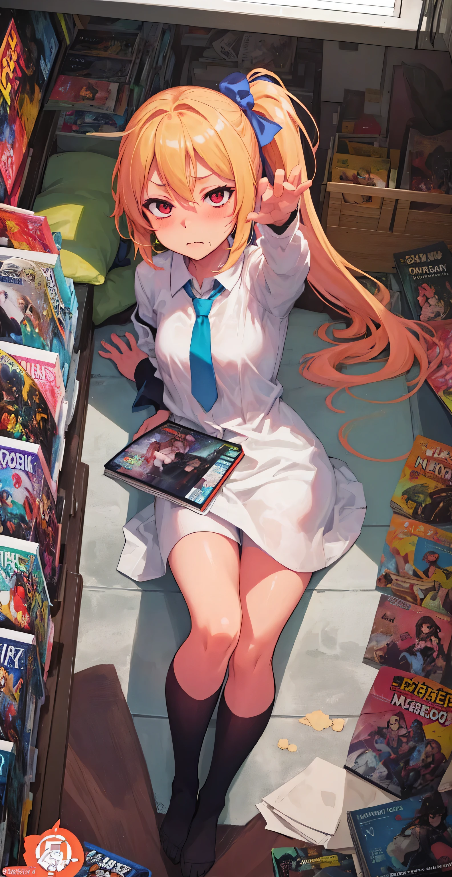 Jibril, (Are standing), Blushed, Perfect Anatomy, Fine grain, Detailed lips, extremely Fine grain and face, Vibrant colors, Sharp focus, masterpiece:1.2, Super detailed, Blushed, ((dorsal position)), (alone), ((tie)), No sleeve, ((((ponytail)))), (((Contempt, Disgust))), ((Comic Books))