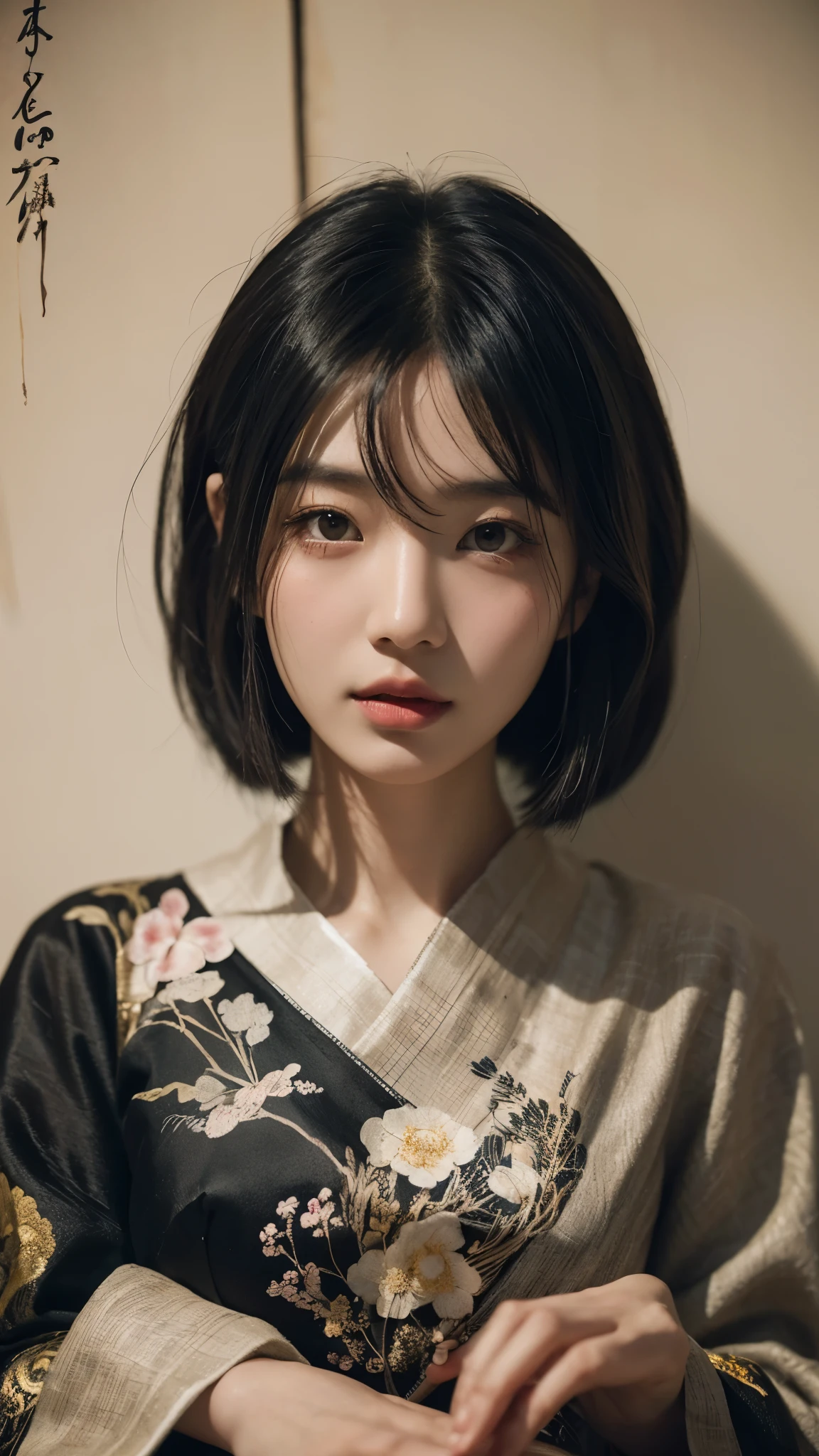 Asian woman, beautiful face, black color tones, wabi-sabi art, illustration, drawn, parchment art, abstract , flowerpunk, surreal artwork, Impermanence