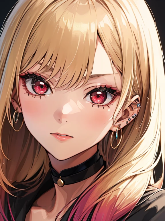 kitagawa marin, 1girl, blonde hair, long hair, multicolored hair, red eyes, jewelry, earrings, piercing, black choker,Face close-up:1.5, UHD, retina, masterpiece, ccurate, anatomically correct, textured skin, super detail, high details, high quality, best quality, highres, 4K