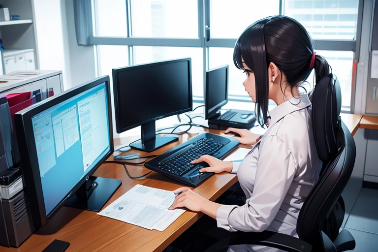Office lady operating a computer at her desk、One Girl,  Severe