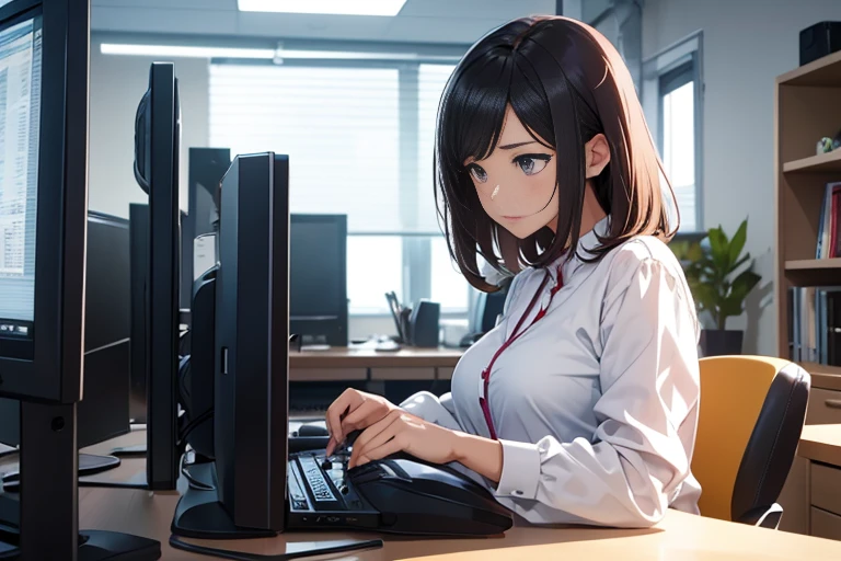 Office lady operating a computer at her desk、One Girl, Severe