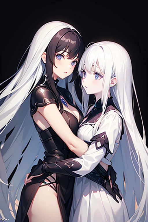 Two girls, hugging each other, one warrior, with long black hair, white skin, with blue eyes, another princess, with white hair, purple eyes, white skin