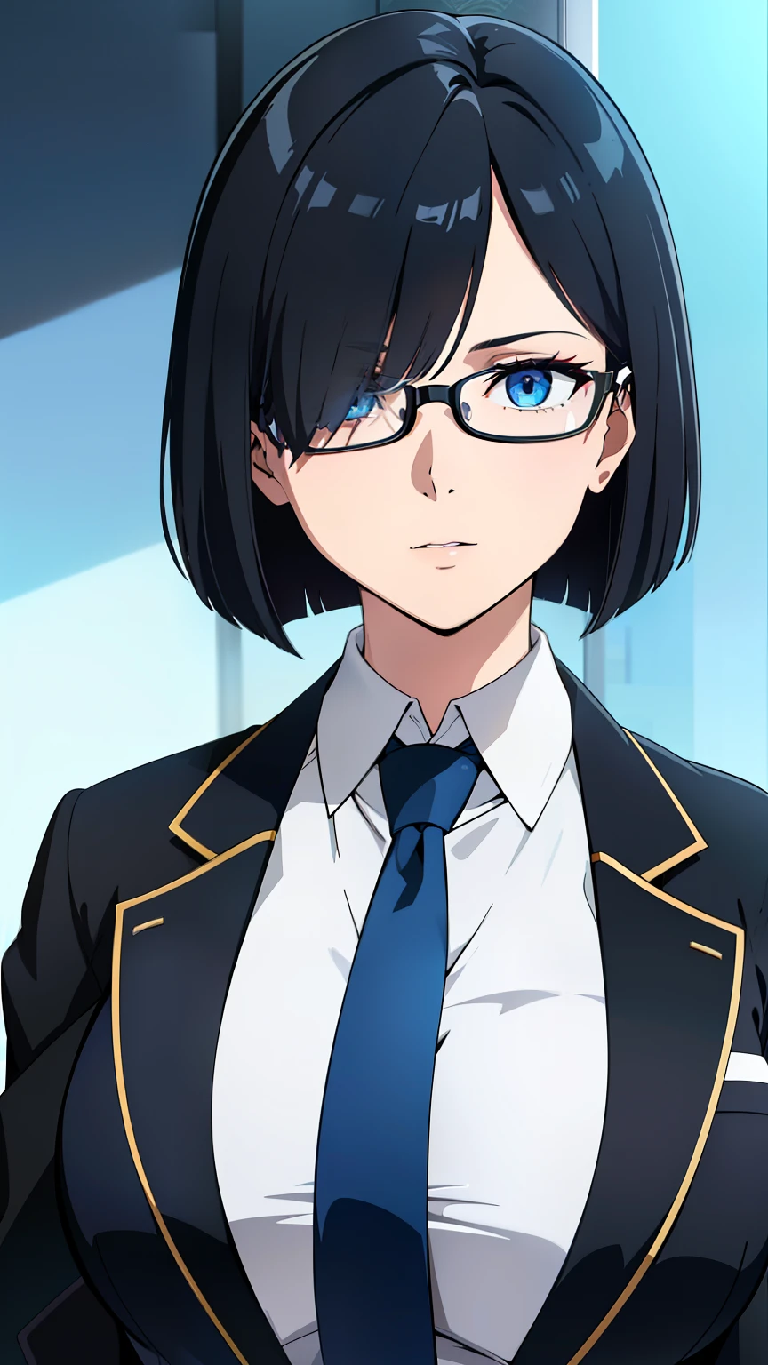 (best quality:1.5, highres, UHD, 4K, detailed eyes, detailed lighting, shaders), black hair, bob cut, hair covering one eye, cool woman, cool girl, sharp eyes, blue eyes, beautiful, large breasts, formal suit, necktie, jacket, with glasses