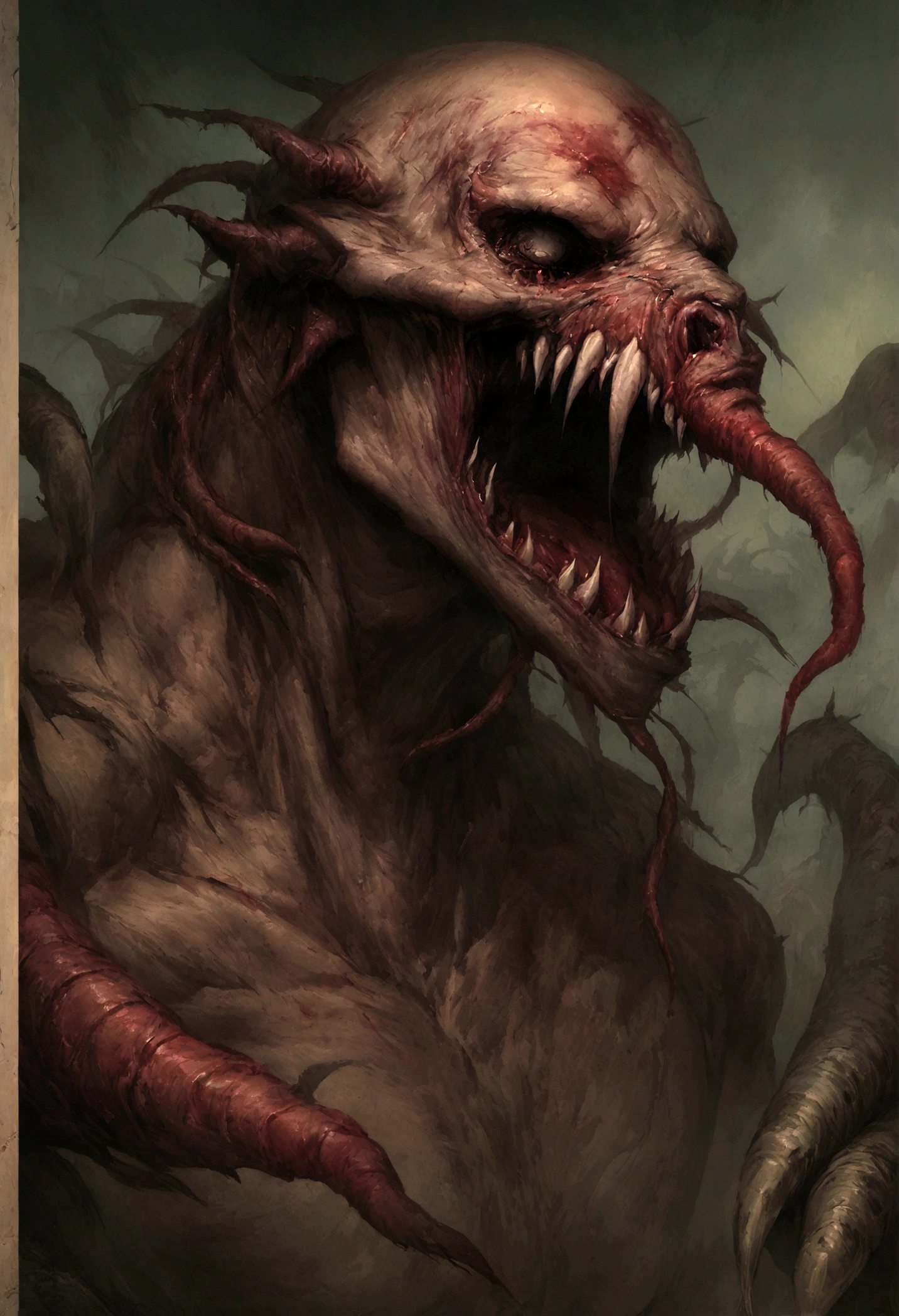 Painting of a demonic creature with a bloodied face and a bloodied head, Carnage, Sci - The Art of Horror Fiction, sci-fi horror artwork, inspired by Aleksi Briclot, The fangs of the carnage, Horror art in the fantasy genre, by Aleksi Briclot, horror concept art, venom, Fantasy and horror art, Detailed illustration of 4K horror, Demonic creature, dark fantasy horror art