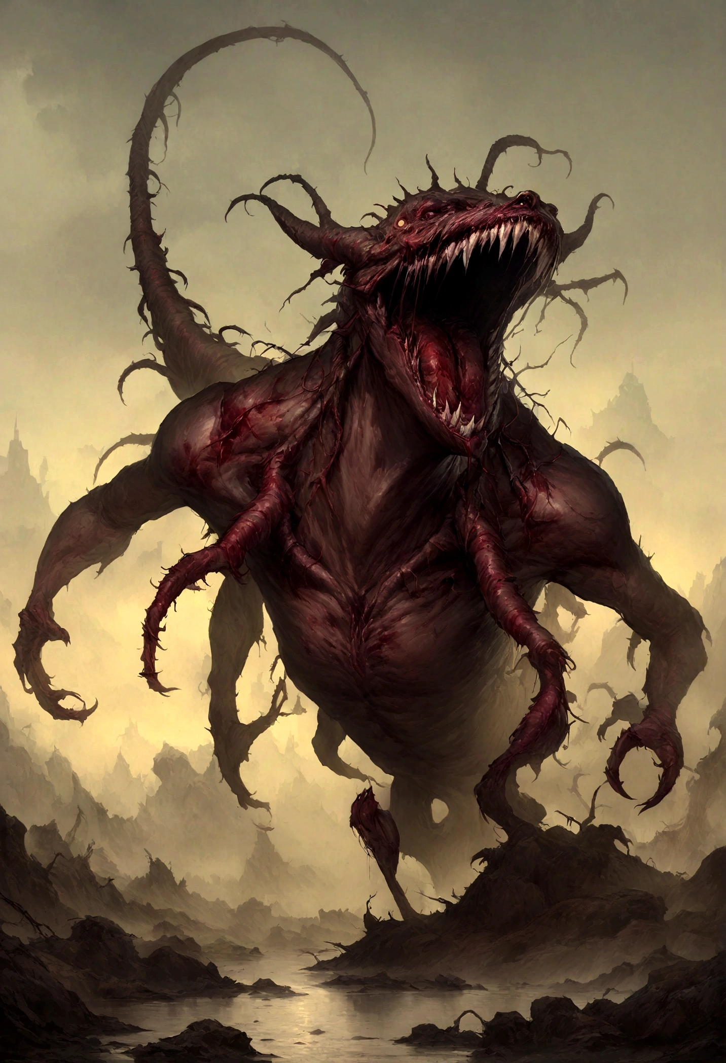 Painting of a demonic creature with a bloodied face and a bloodied head, Carnage, Sci - The Art of Horror Fiction, sci-fi horror artwork, inspired by Aleksi Briclot, The fangs of the carnage, Horror art in the fantasy genre, by Aleksi Briclot, horror concept art, venom, Fantasy and horror art, Detailed illustration of 4K horror, Demonic creature, dark fantasy horror art