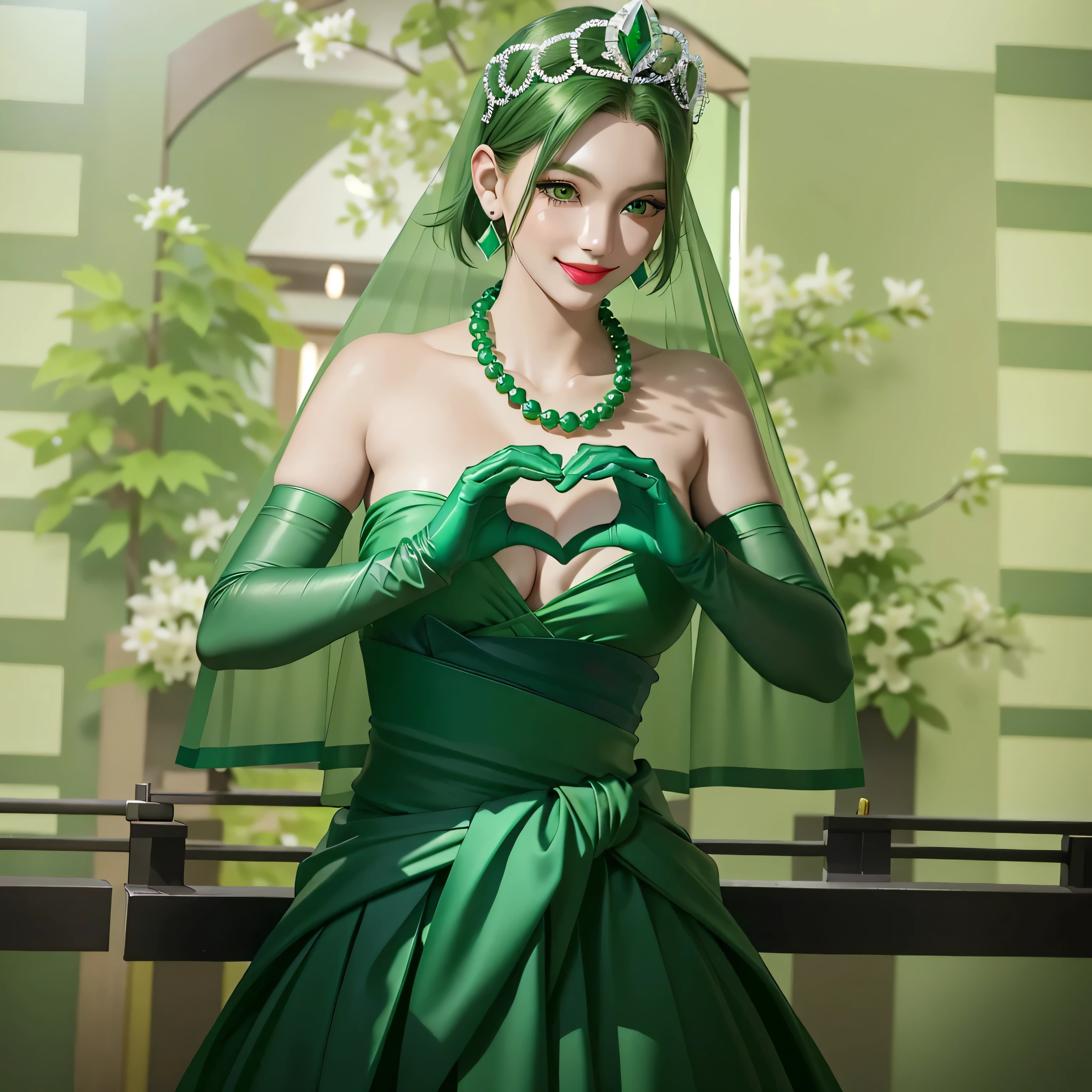 Emerald tiara, Green Pearl Necklace, Boyish very short green hair, Green Lips, Smiling Japanese woman, Very short hair, Busty beautiful lady, Green Eyes, Green satin long gloves, Green Eyes, Emerald Earrings, Green veil, Heart with both hands, Green Hair, Beautiful Japanese Women, Heart shaped hands:1.3, green lip gloss