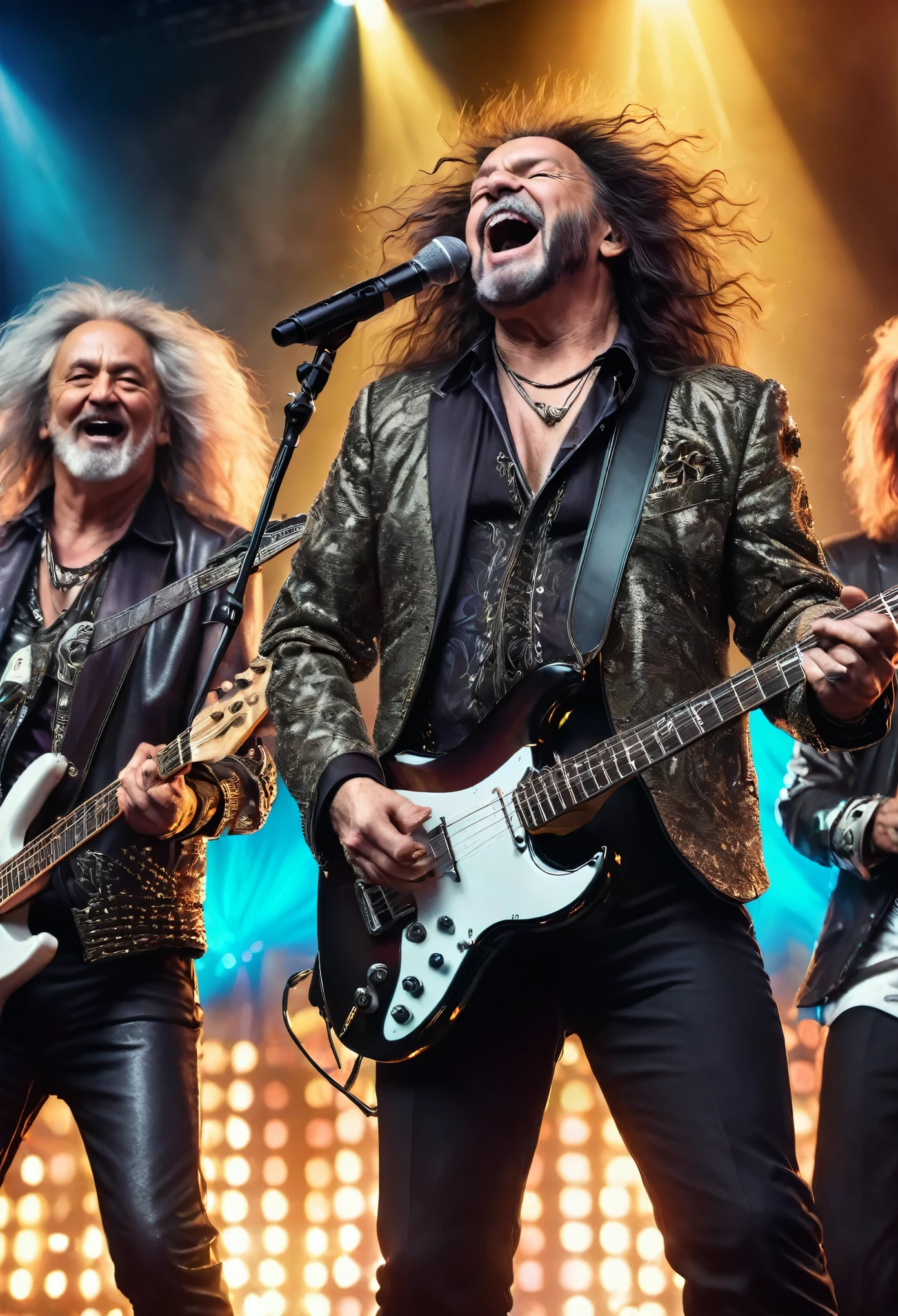 (high resolution, masterpiece, best quality, highly detailed CG), realistic, photo, stunningly detailed, glossy and shiny, wonderful multiple layers, 8k wallpaper, 3D, final live performance, multinational elderly metal band, THE HERVEST, passionate playing, energetic movement, unique styles, various nationalities, ecstatic audience, cheers, applause, colorful lights, illuminated stage, power of music, band bond