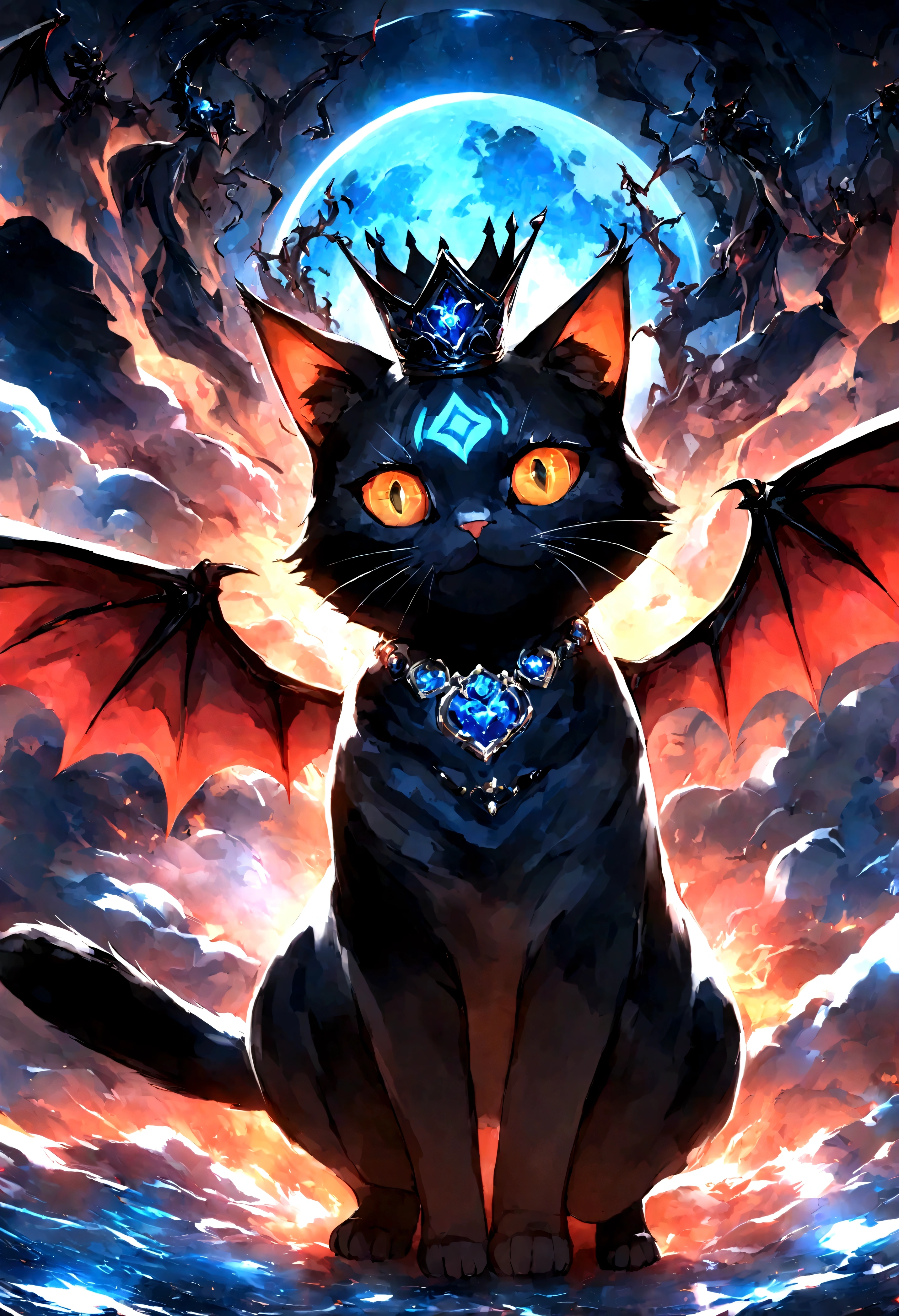 black cat、Beautiful blue eyed cat、Black crown、Black and blue vampire wings、Glare、Rin々Funny face、beautiful、blue Moon、Lots of blue light、Fantasy black cat，Facial close-up enhancement，AmbiLight，The colors are vivid and bright，Black background，haze，Detailed depiction，Rich details，Explosion of imagination，Surreal，Ultra-realistic，masterpiece，8k，Light，Tyndall effect
