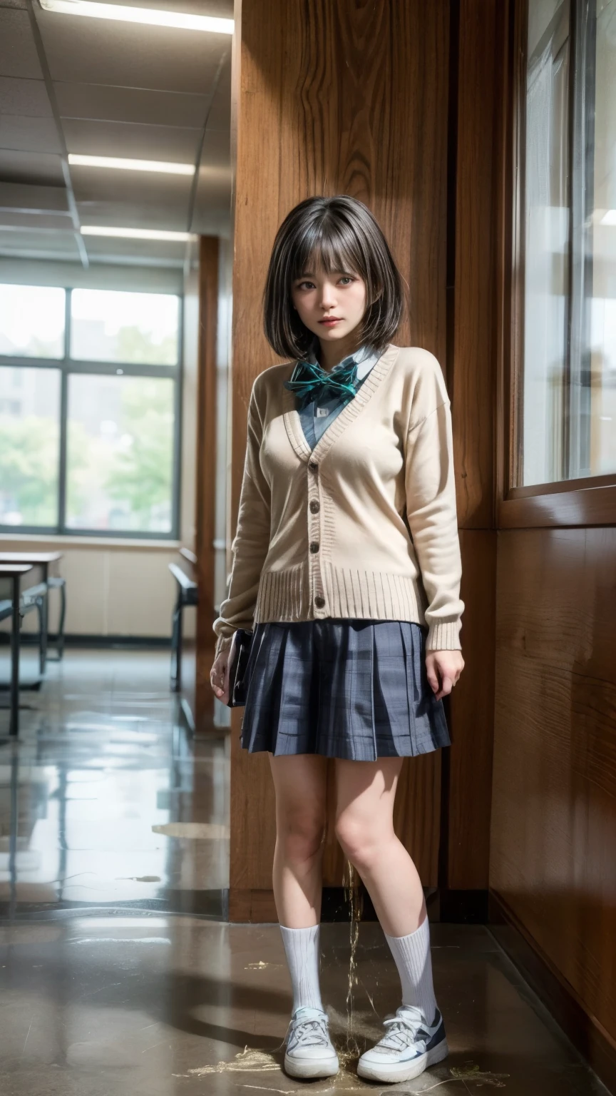 (realistic, photo-realistic:1.4),(best quality,masterpiece),RAW photo, high resolution, intricate details, finely detailed, incredibly detailed, extremely detailed, cinematic lighting, (full body, frontal photography:1.5),, solo, 1girl, a Japanese female standing, leaning against the wall outside classroom, (holding two buckets:1.2), bucket punishment, smaller face, thin, slim, slender, thin legs, (cardigan, skirt, wearing a tokiwadai school uniform:1.4), dark hair, (bowl cut hair:1.2), detailed face, beautiful detailed eyes, pale skin,
(peeing self,urination:1.4), (desperation,humiliation,embarrassed,ashamed), desperate for peeing, wetting her clothes, pee running down her legs, pee desperation pose, pee desperate face, big pee puddle,
photo background, indoors, hallway,