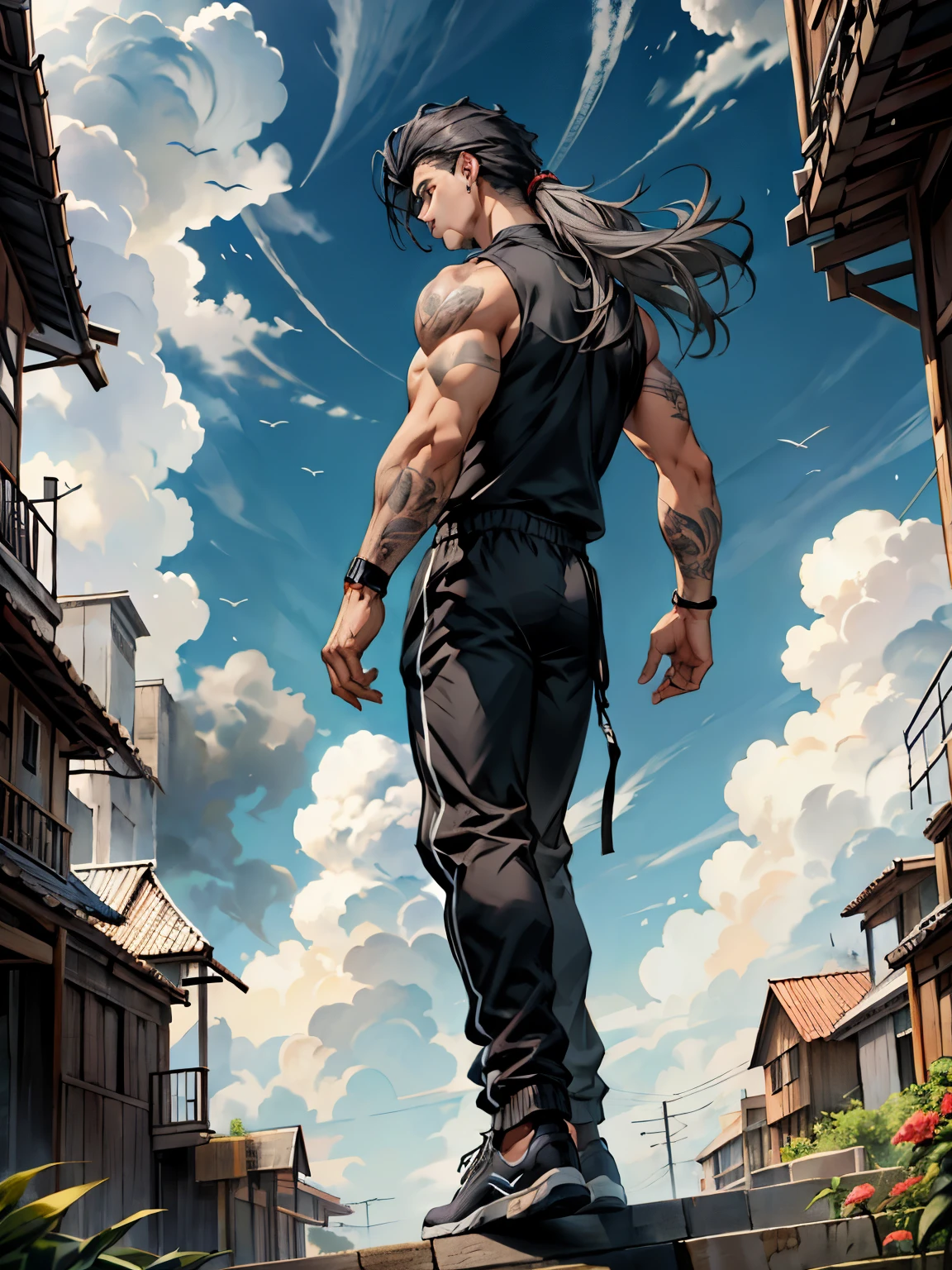 1boys, Full body, Serious face, brown eyes, gray hair, high-cut hair, neck long hair, wearing black sleeveless shirt, black tracksuit pants, black hair, levitate on sky, blue sky, cloud, side back view