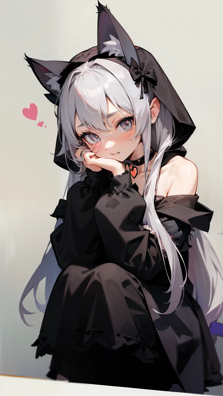 ((最high quality)), ((masterpiece)), (Very detailed:1.3),1 girl,Age 25,超High resolution, retina, masterpiece, Accurate, Anatomically correct, Rough skin, Very detailed, Advanced Details, high quality, Awards, high quality, High resolution, High resolution, 4K,(anime,8k,masterpiece, high quality, high quality,beautiful:1.2,Professional Illustration:1.1,Very detailed:1.3,Perfect lighting),Cute pose,(Gray Eyes:1.5),(Grey Hair),(long hair:1.5),Ears hide,(Black cat ears:2),(gothic ta:1.9),(Heart-shaped choker:1.5),layer clothes, (Hoodie with cat ear hood:1.5),(Wearing a hood:1.9),(Black hoodie:1.9),(grey camisole:1.5),(overly long sleeves:1.5),(off shoulder:1.5),Solid color background,(hands on own cheek:1.5),(black cloth:1.3),serious, silenceSuzuka,