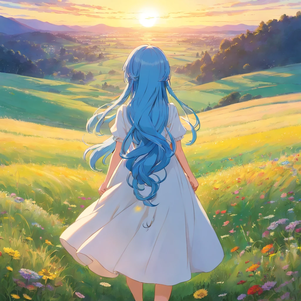 A young girl, around 18 years old. She has long blue hair and yellow eyes. She is wearing a white dress with a colorful pattern on it. She is standing on a wide meadow looking at the setting sun in the distance. View from behind the girl