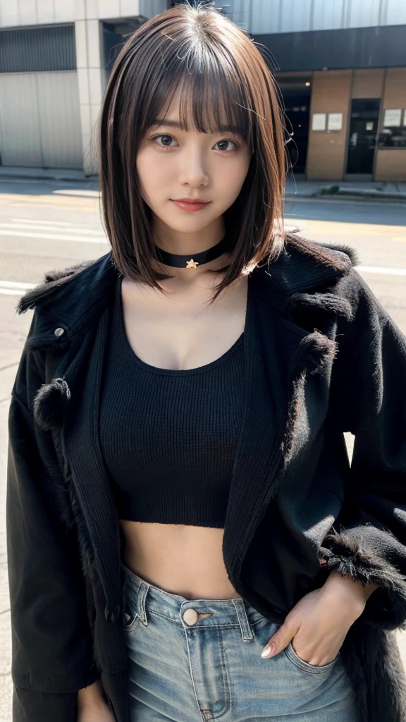 With bangs,Beautiful black hair,Woman with straight medium bob cut,,,21-year-old female,(((No hat))),Aspacarina,((Shy expression)),huge breasts,,Very beautiful eyes, ,(((Wearing a tattered black coat))),(white sweater,choker),(make:1.4),Big eyes,Hip Hop Dancer,Gangster style long pants,8k,High resolution,Gangster style,(head shot:1.5)