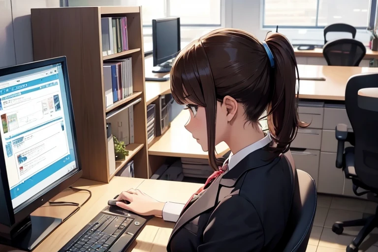 Office lady operating a computer at her desk、One Girl,  Serious Cover、Brown Hair、ponytail