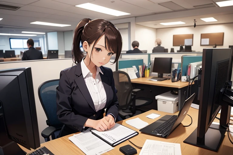 Office lady operating a computer at her desk、One Girl,  Serious Cover、Brown Hair、ponytail