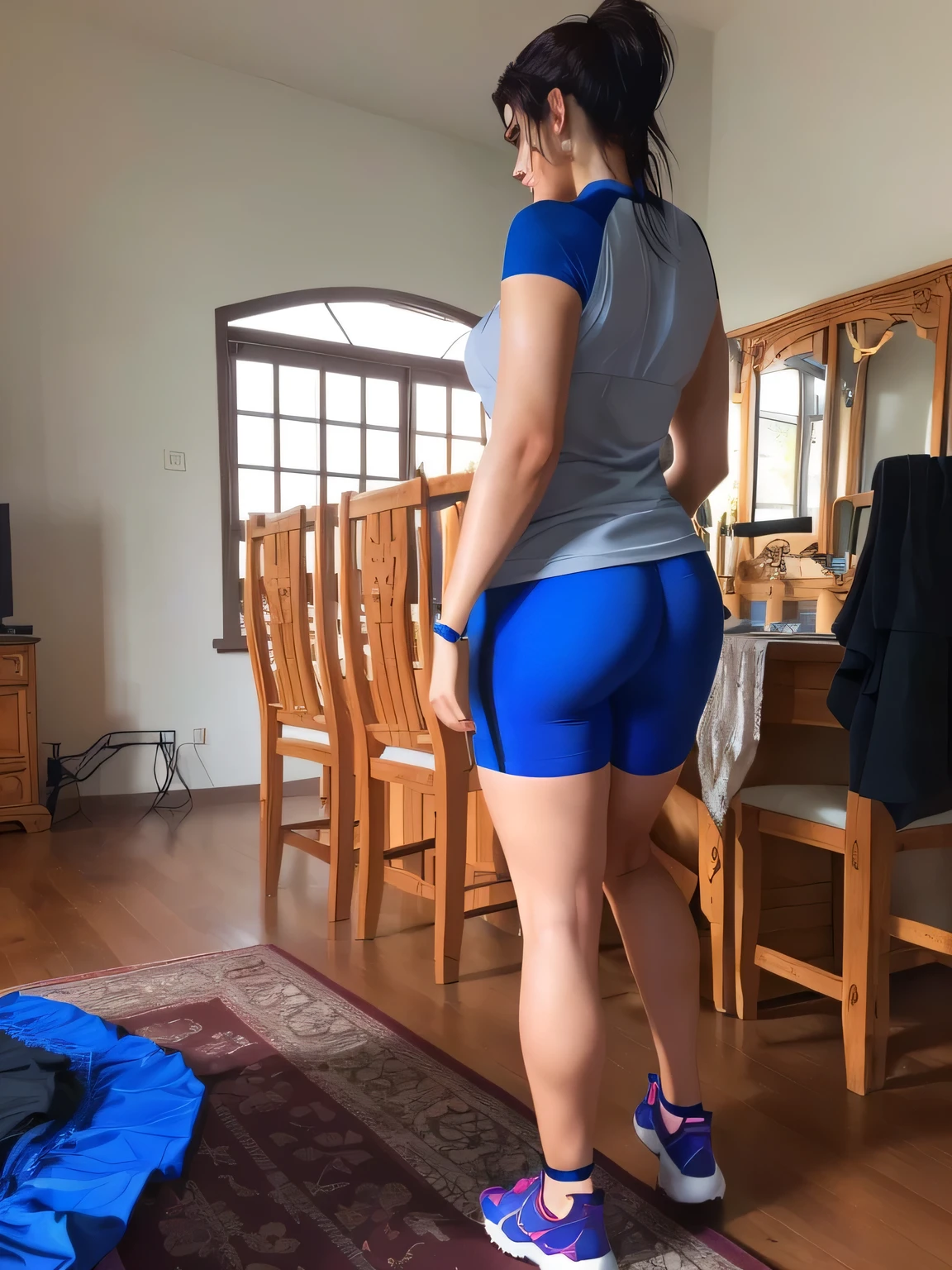 there is a woman standing in a room with a trampoline, side view of her taking steps, from the back and standing, back view, in shorts, long shot of back, back shot, leg and hip shot, well toned butt, toned backside, waist reaching ponytail

The woman is wearing tight blue short shorts and a gray tank top with a blue collar.

A beautiful Brazilian woman, with white skin, dark brown hair. She is around 40 years old, 165 cm tall and weighs 56 kg. Her body exudes glamor and her face is a definition of beauty. Slender body, thin waist. Highly realistic, hyperrealism, very elaborate skin. Clear photo, high resolution, high quality, masterpiece, 16K photo, high contrast, masterpiece, NUDE, NUDITY, NFSW.