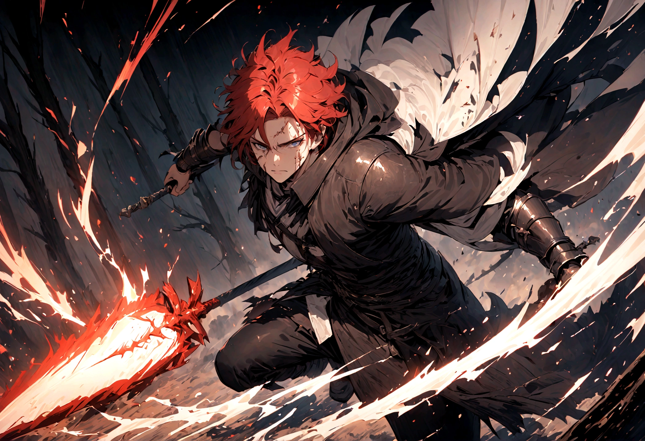 anime-inspired, dark fantasy masterpiece, top-quality, (gothic horror ambiance), (a fearsome warrior), (wild-haired fury), (red-haired adventurer), (short messy red hair), (leather overcoat and gauntlet), (leather bird mask), (sword-wielding), (tense and determined stance), (charging into a dark, cursed forest), (forest filled with sinister shadows and twisted trees), (foreboding atmosphere), (pain and fury etched on his face), (a symphony of fear and war), (an epic tale unfolds).
