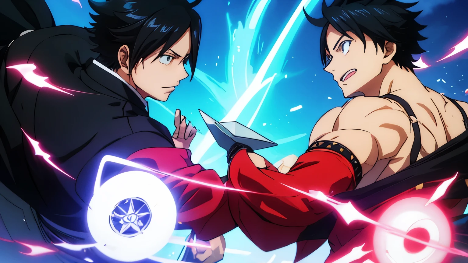 anime characters in front of a building with blue light, Okata Kazuto., inspirado em Okumura Masanobu, Kirito, Preto - Mago Cabelo, an epic anime of an energetic man, jovem mago das sombras macho, Hijikata Toushirou de Gintama, hijikata toushirou, arte chave do anime