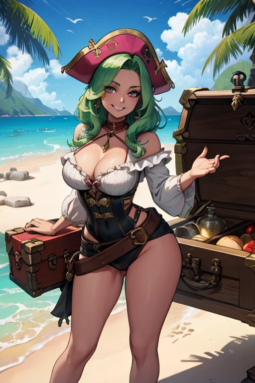 A light green haired woman with pink eyes and an hourglass figure in a pirate's outfit is holding a treasure chest with a triumphant grin on the beach