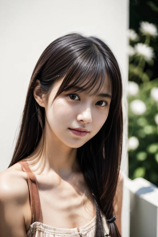 (Highly realistic photos, High resolution, Detailed face, Fine Eyes), ((Photographed in front of a white wall))、Japanese women, 20-year-old, Tear bags,A little dark, alone:1, Slim figure, ponytail, Casual clothing, one in the photo、See through、Photographed in natural light、Simple Necklace、Spring Clothes、、profile、Dark brown hair color
