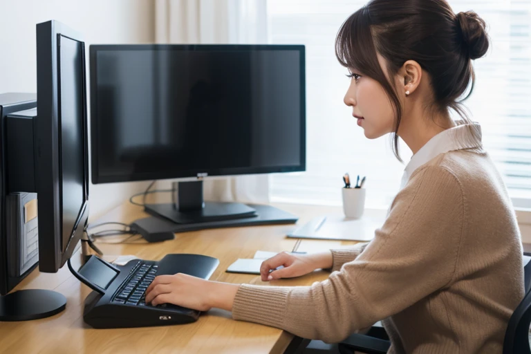 Office lady operating a computer at her desk、One Girl, Serious Cover、Brown Hair、ponytail