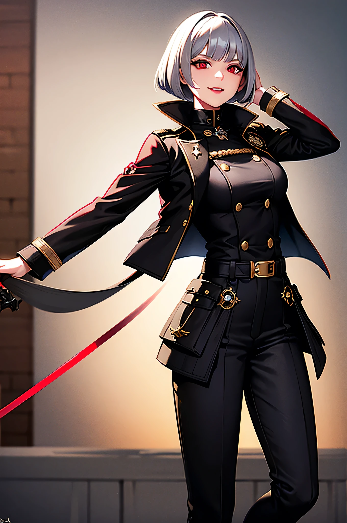 girl,silver hair,bob cut,red eyes,military suit,black jacket,jacket in Gold Design,night,belt,Rapier at waist,smile,