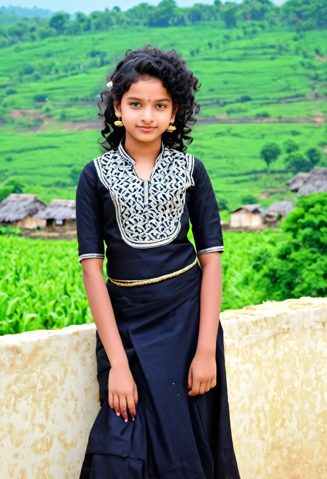 A teenage Indian girl (white skin,black curly hair,traditional dress,village background)
