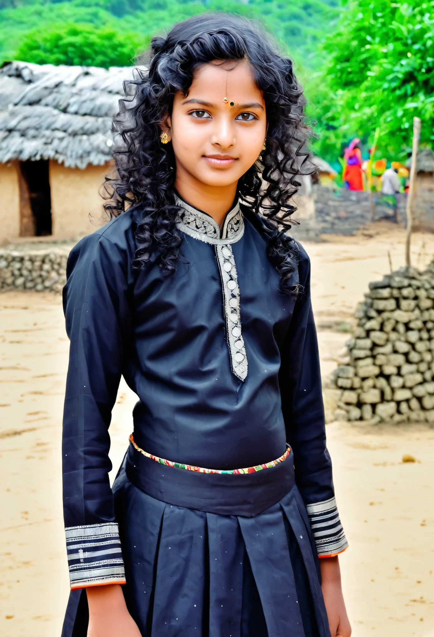 Please provide an image of a girl dressed in a traditional i outfit, featuring a black kurta pajama with a dupatta on his neck. The image should be realistic and captured in low pixel quality, akin to that of a mobile camera.