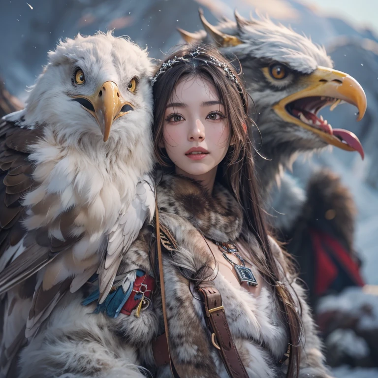 Hiding in the snowy mountains、Hair flow、 ((highest quality、masterpiece、8k、Best image quality、Ultra-high resolution、Award-winning works)、(Accurate anatomy:1.1)、(Look at me and smile:1.1)、Shining fair skin with Ultra-high resolution、The most detailed face、Ultra-high resolution detailed face、Ultra-high resolutionの髪の毛、(Ultra-high resolutionの煌めく瞳:1.1)、Beautiful face drawn in every detail、(Blurred Background:1.1)、Ancient Inuit clothing, Chest to chest, tattoo, Old ruins in the background、Apart from the real giant eagle