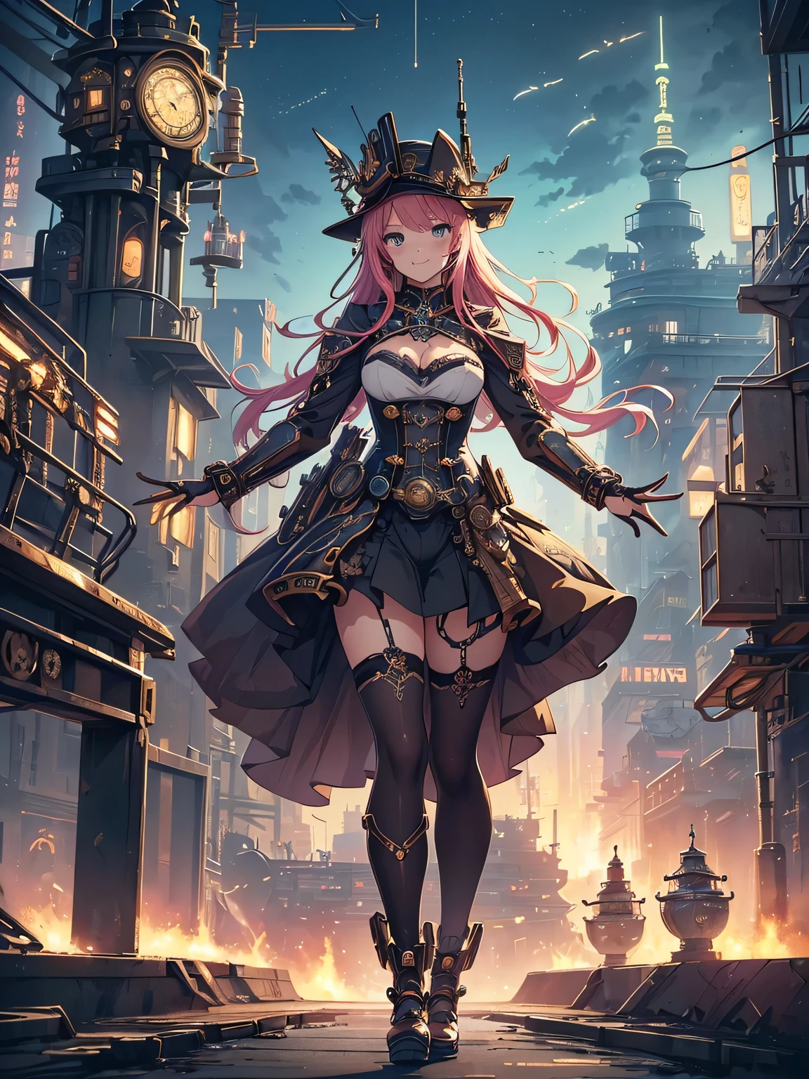 (Line art_anime),(full body,Low Angle, highest quality, ),(Laura Budd Photos:1.2),(Laura Add details:1.0),8k, Flat Color:0.8,1 girl,smile,(Highly decorative and complex mechanical steampunk fashion, Lace flare dolphin hat、goggles、machinery background、Gear background、An elaborately mechanized steampunk cityscape 1.5),Cute pose,