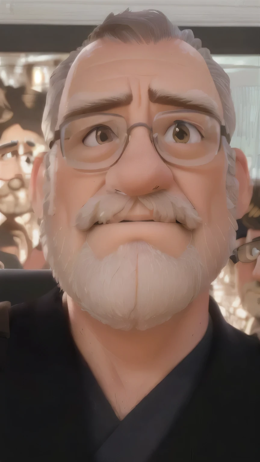 a 60 year old man with glasses, overweight, half white beard, short almost shaved hair, serious face expression, (best quality,4k,8k,highres,masterpiece:1.2),ultra-detailed,(realistic,photorealistic,photo-realistic:1.37),detailed face,detailed eyes,detailed nose,detailed lips,dramatic lighting,moody atmosphere,cinematic,dark shadows,muted colors,gritty realism,striking portrait