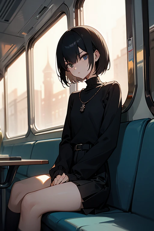 Flip cut 、Short black hair、Black high neck waffle knit top、Flared sleeves、short Tight Skirt、Black Stockings、necklace、sitting in a train seat、slender、Slender、Subtle details