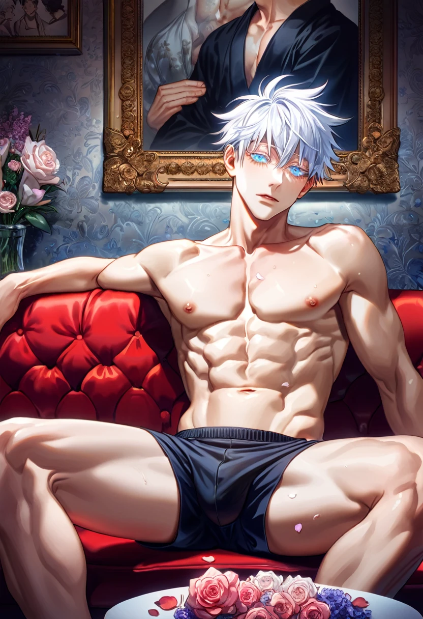 absurdres, highres, ultra detailed, HDR, master piece, best quality, perfect face, Gojou Satoru,  white hair, with bangs, expressive blue eyes, white eyelashes, jujutsu kaisen, solo, sexy man, handsome, toned chest, horny, sensual, erotic, black boxers, couch, sitting, flowers, petals, room