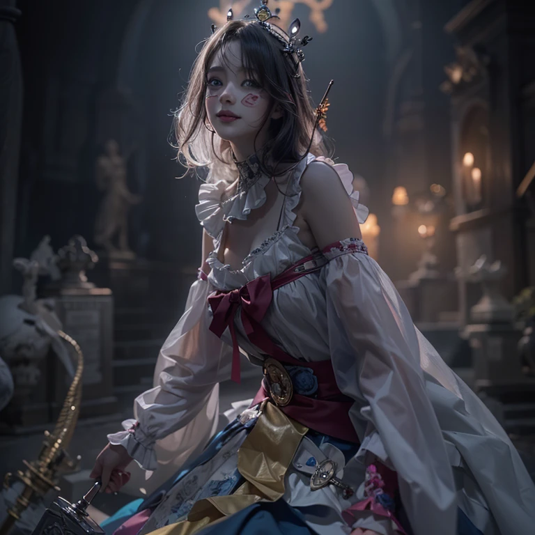 Standing in the grave、Hair flow、 ((highest quality、masterpiece、8k、Best image quality、Ultra-high resolution、Award-winning works)、(Accurate anatomy:1.1)、(Look at me and smile:1.1)、Shining fair skin with Ultra-high resolution、The most detailed face、Ultra-high resolution detailed face、Ultra-high resolutionの髪の毛、(Ultra-high resolution eye:1.1)、Beautiful face drawn in every detail、Cheerful clown costume, Chest to chest,  Strange atmosphere, Ghosts flow, Dark Light, At the cemetery, Heavy makeup 