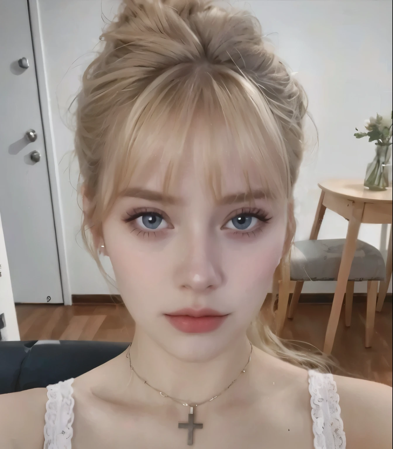 Blonde woman with messy bun wearing white top and cross necklace, blonde hair and big eyes, 19 year old girl, Larisa Manoval, perfect face ), Your face is like an orchid, longos blonde hair and big eyes, what makeup, 🤤 portrait , Young and beautiful Amouranth, 18 years