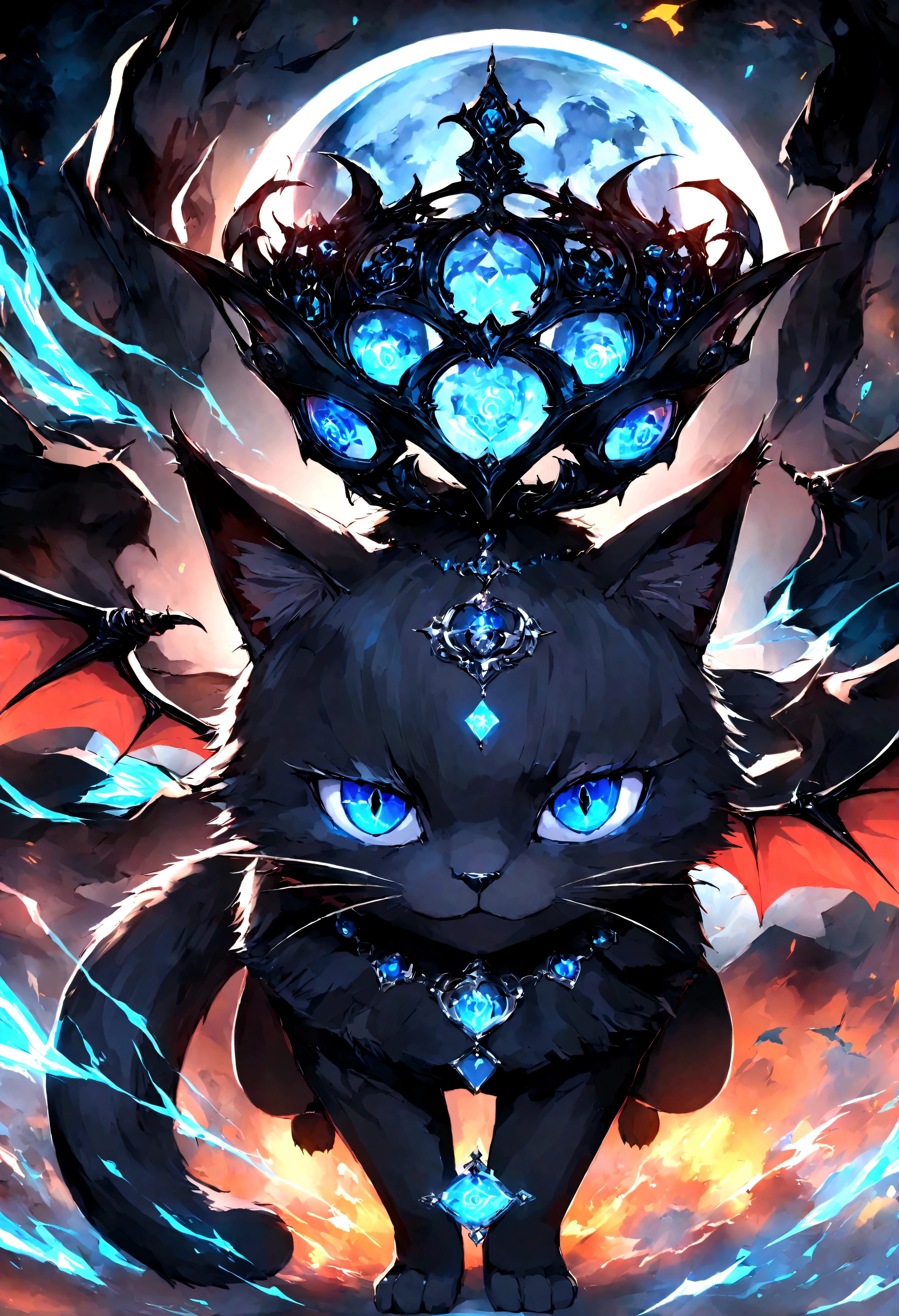 black cat、Beautiful blue eyed cat、Black crown、Black and blue vampire wings、Glare、Rin々Funny face、beautiful、blue Moon、Lots of blue light、Fantasy black cat，Facial close-up enhancement，AmbiLight，The colors are vivid and bright，Black background，haze，Detailed depiction，Rich details，Explosion of imagination，Surreal，Ultra-realistic，masterpiece，8k，Light，Tyndall effect