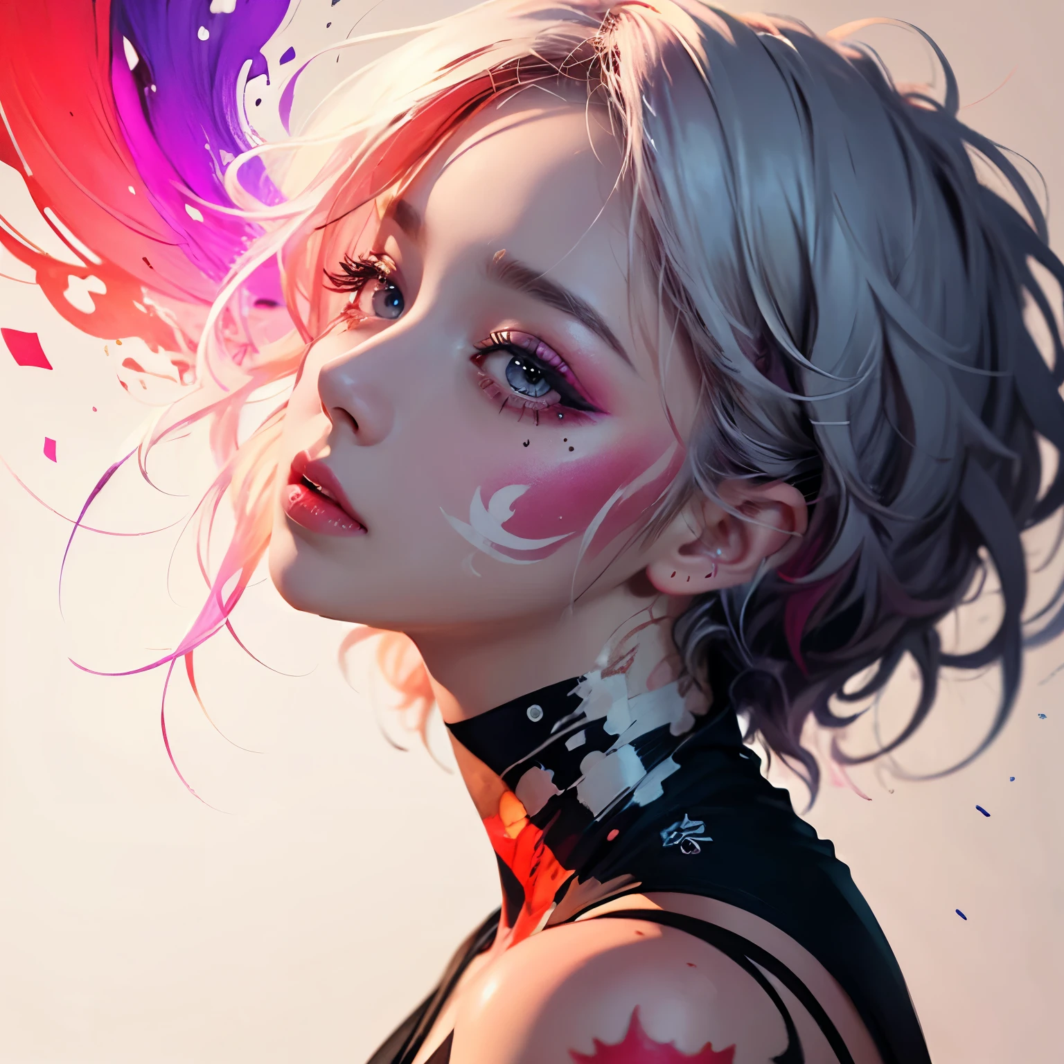 girl, side view, feel ecstasy, orgasm face, high detailed real eye, high quality pupil, double eyelid, odd eye, face paint, art makeup, ink drop, pink and black ink drop, professional lighting, real shadow, masterpiece,