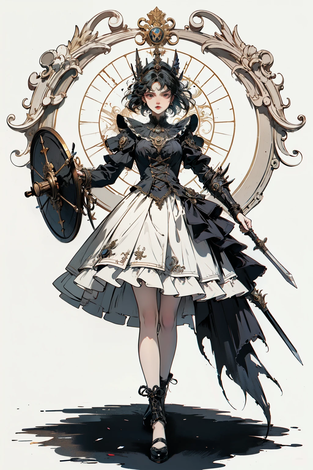 ((best quality)), ((masterpiece)), (detailed), perfect face ((best quality)), ((masterpiece)), (detailed), blank white background, plain background, white background, Bloodborne inspired, occult aesthetic, occult, detailed and intricate steampunk and detailed gothic, (zentangle, mandala, tangle, entangle), NSFW, torn clothing, Very dramatic and cinematic lighting, cosmic horror, grim-dark, side-lighting, perfect face, a beautiful goddess adorned and enshrined in armour, Bloodborne inspired , occult aesthetic , occult , detailed and intricate steampunk and detailed gothic , wielding a sword and holding a shield, NSFW, Fluttering lace flared short dress with frilly petticoats, knee length dress, pleated petticoats, ta dress, petticoats gothic loliside-lighting, gothic lolita aetic, beautiful small breasts, small breasts, full body, whole body, body, plain background, white background, blank background, no background, white background NSFW, full body, whole body, head-to-toe