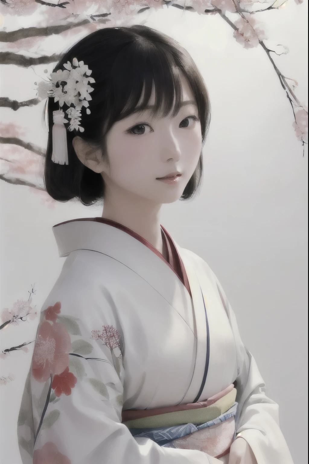 ((Human whole body))、((Elegant behavior))、((Japanese painting))、(Beautiful Japanese Hair)、(Beautiful kimono back collar)、(Japanese Sex Appeal)、(Japan kimono)、 sunlight, Clear Face, Clean white background, masterpiece, Super Detail, Great composition, Ultra HD, high quality, Very detailed, soft、 Uniform 8k wallpaper, Super Detail, 32k ...、Plenty of white space