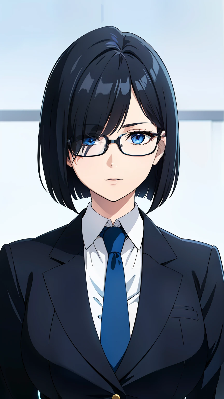 (best quality:1.5, highres, UHD, 4K, detailed eyes, detailed lighting, shaders), black hair, bob cut, hair covering one eye, cool woman, cool girl, sharp eyes, blue eyes, beautiful, large breasts, formal suit, necktie, jacket, with glasses
