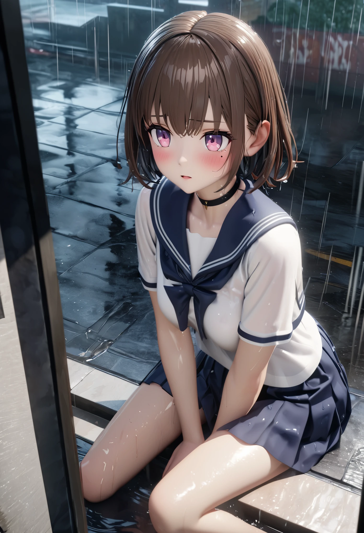 Masterpiece, highest quality, highly detailed, high resolution, expensive solution, high resolution, 4k, 8k, Unity 8k wallpaper, highly detailed CG, masterpiece, 2d, 3d, beautiful details, depth, fine texture, highest quality: 1.3, total concentration, transparent skin, him, very cute anime girl, expensive brown short hair, one girl, high school sailor uniform, rain-soaked and see-through sailor uniform, sidewalk on the way home from school, heavy rain was falling and she was soaking wet. The sailor uniform was see-through, her hair was soaking wet, a little troubled face, whole body, sidewalk on the way home from school, heavy rain, mole under the eye, gaze, expensive, blush, parted lips, heart, pink eyes, choker