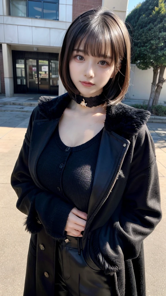 With bangs,Beautiful black hair,Woman with straight medium bob cut,,,21-year-old female,(((No hat))),Aspacarina,((Shy expression)),huge breasts,,Very beautiful eyes, ,(((Wearing a tattered black coat))),(white sweater,choker),(make:1.4),Big eyes,Hip Hop Dancer,Gangster style long pants,8k,High resolution,Gangster style,(head shot:1.5)