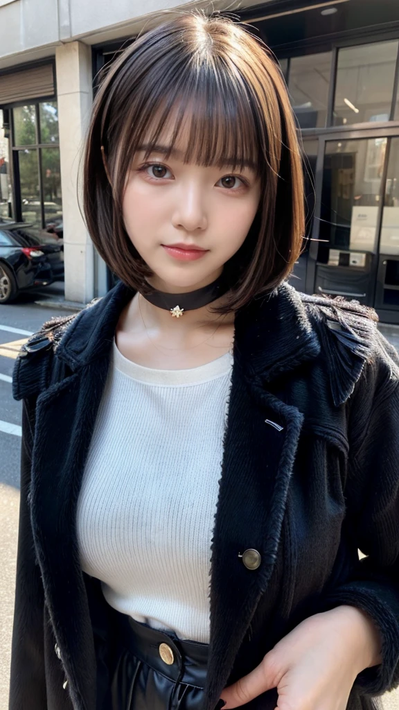 With bangs,Beautiful black hair,Woman with straight medium bob cut,,,21-year-old female,(((No hat))),Aspacarina,((Shy expression)),huge breasts,,Very beautiful eyes, ,(((Wearing a tattered black coat))),(white sweater,choker),(make:1.4),Big eyes,Hip Hop Dancer,Gangster style long pants,8k,High resolution,Gangster style,(head shot:1.5)
